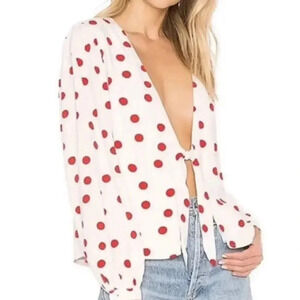 Lovers + Friends Theo Polka Dot Tie Front Cropped Blouse White Red Sz Medium